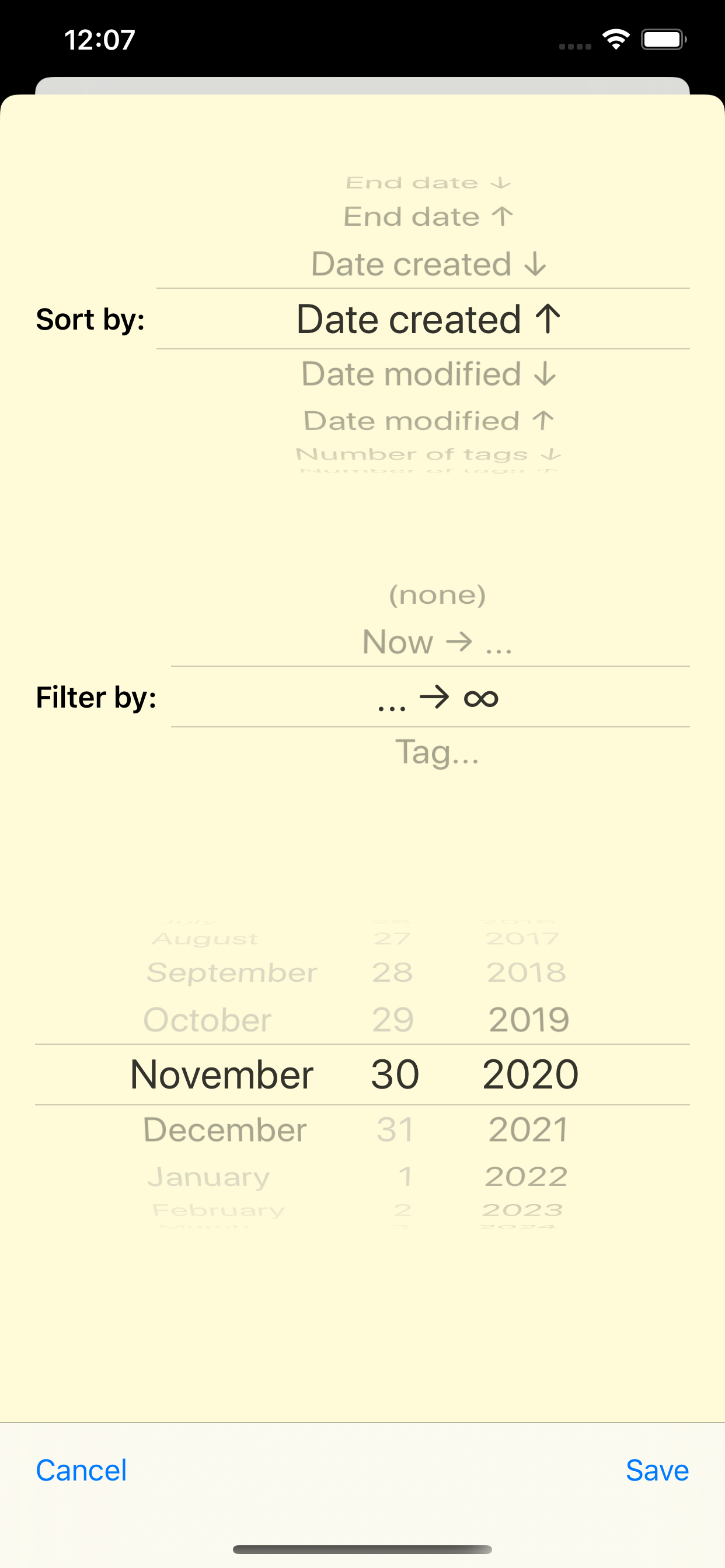 App screenshot showing sort/filter options